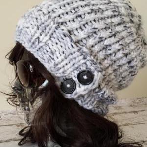 Knit Slouchy Hat Grey White Marble Hand Knit..