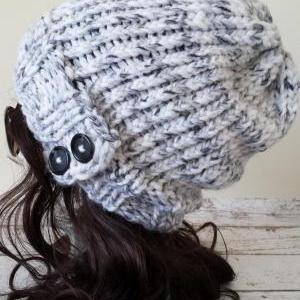 Knit Slouchy Hat Grey White Marble Hand Knit..
