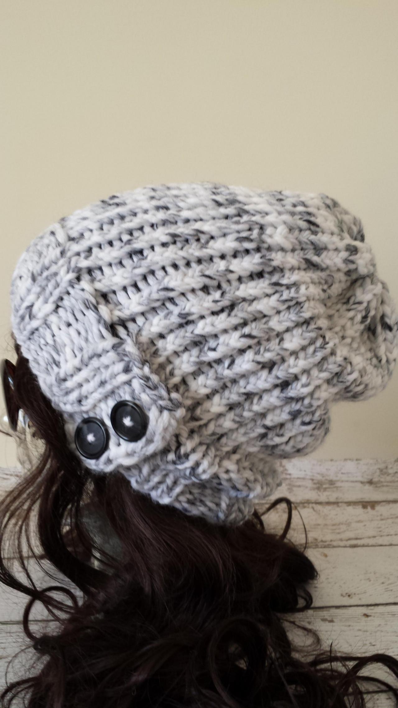 Knit Slouchy Hat Grey White Marble Hand Knit Slouch Beanie With Buttons Warm Winter Hat