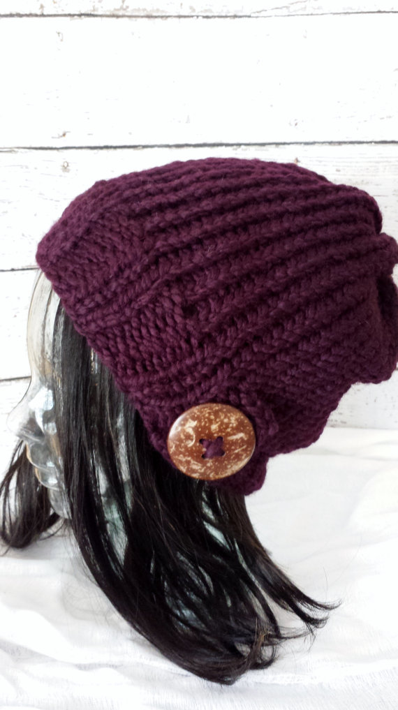 Knit Slouchy Hat Hand Knit Slouch Beanie Natural Coconut Button Warm Winter Hat Eggplant Purple Made To Order