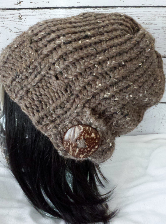 Knit Slouchy Hat Hand Knit Slouch Beanie Natural Coconut Button Warm Winter Hat Barley Brown Made To Order