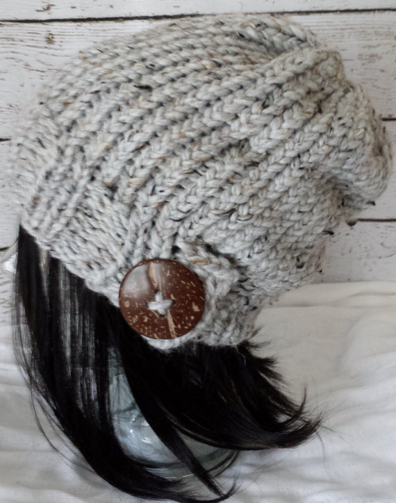 Knit Slouchy Hat Hand Knit Slouch Beanie Natural Coconut Button Warm Winter Hat Grey Tweed Made To Order